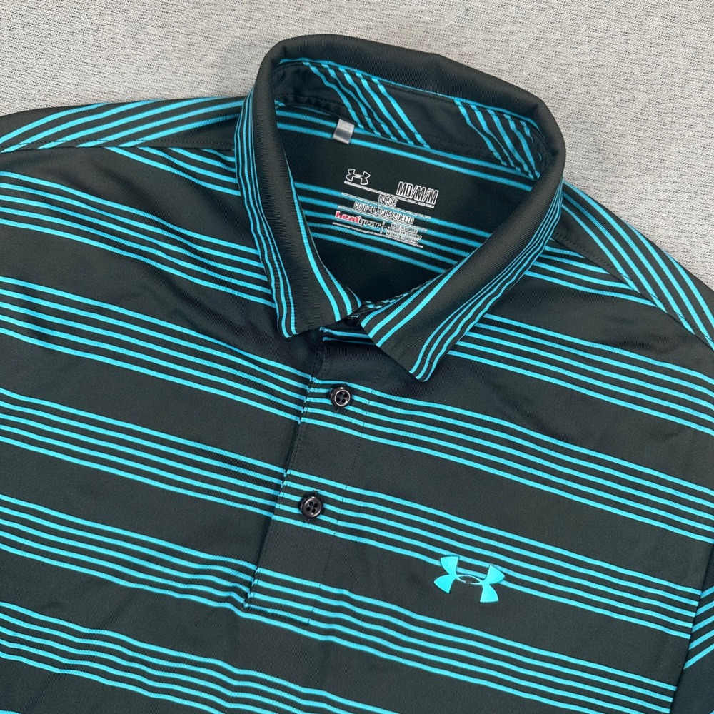 Under Armour Polo Shirt Mens Medium Black Teal HeatGear Loose Fit Striped‎ Golf